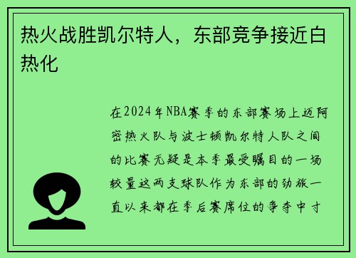 热火战胜凯尔特人，东部竞争接近白热化